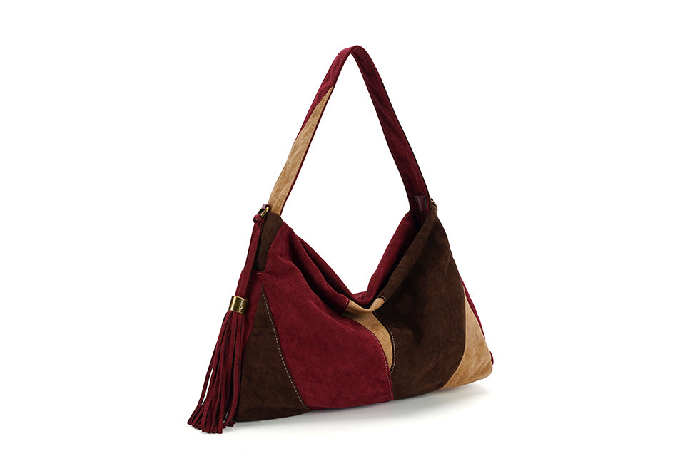 Long & Son Ladies Patchwork Faux Suede Boho Style Slouch Shoulder Handbag With Detachable Strap Burgundy Wine/Brown/Beige