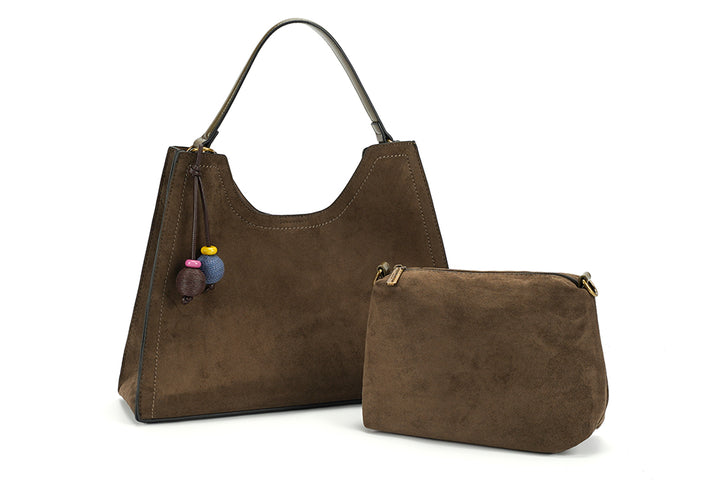 Long & Son Ladies Faux Suede Boho Style Slouch Shoulder Handbag With Detachable Strap Coffee Brown