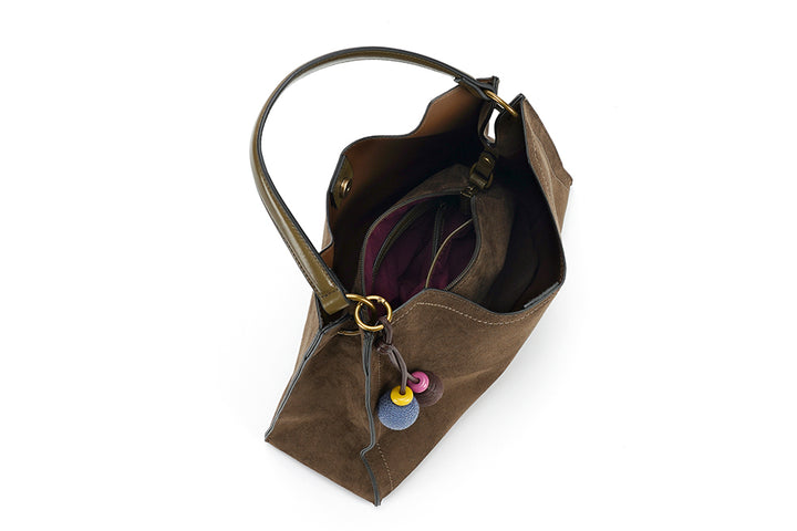 Long & Son Ladies Faux Suede Boho Style Slouch Shoulder Handbag With Detachable Strap Coffee Brown