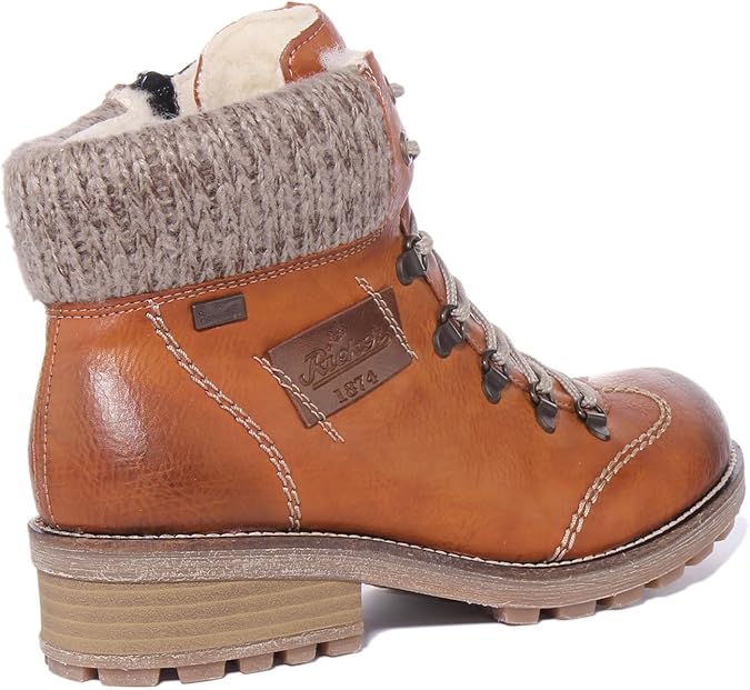 Rieker Tex Z0444 Ladies Water Resistant Lace Up Boots With Zip Fastening Tan