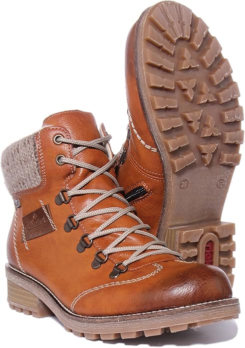 Rieker Tex Z0444 Ladies Water Resistant Lace Up Boots With Zip Fastening Tan