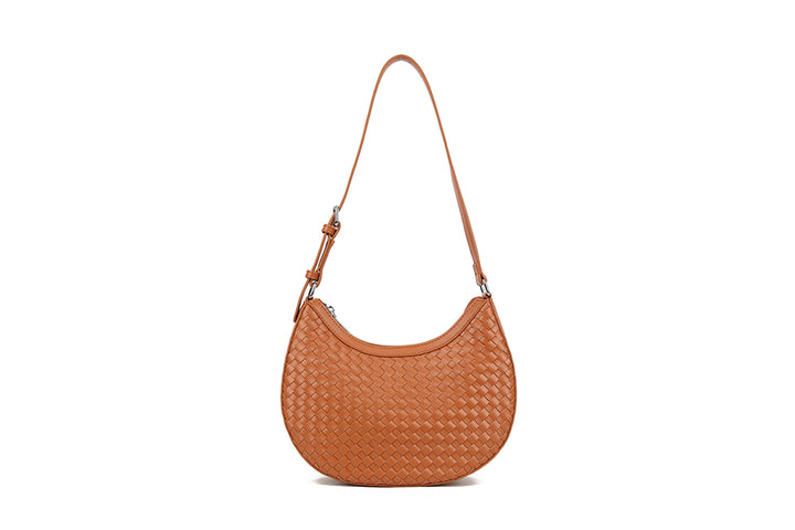 Long & Son Ladies Basket Weave Half Moon Shoulder Bag Handbag With Adjustable Strap Tan Brown
