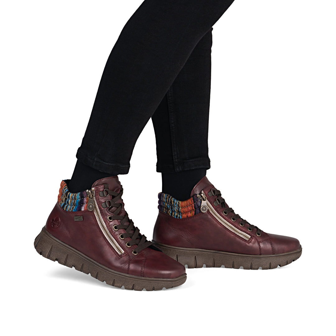 Rieker Tex Antistress N1305 Ladies Water Resistant Red Leather Extra Wide fit Lace Up Zip Fastening Boots