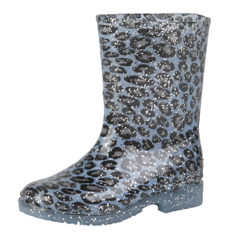 Wild Tribe Girls Leopard Print Waterproof Wellington Boots Blue / Silver Glitter