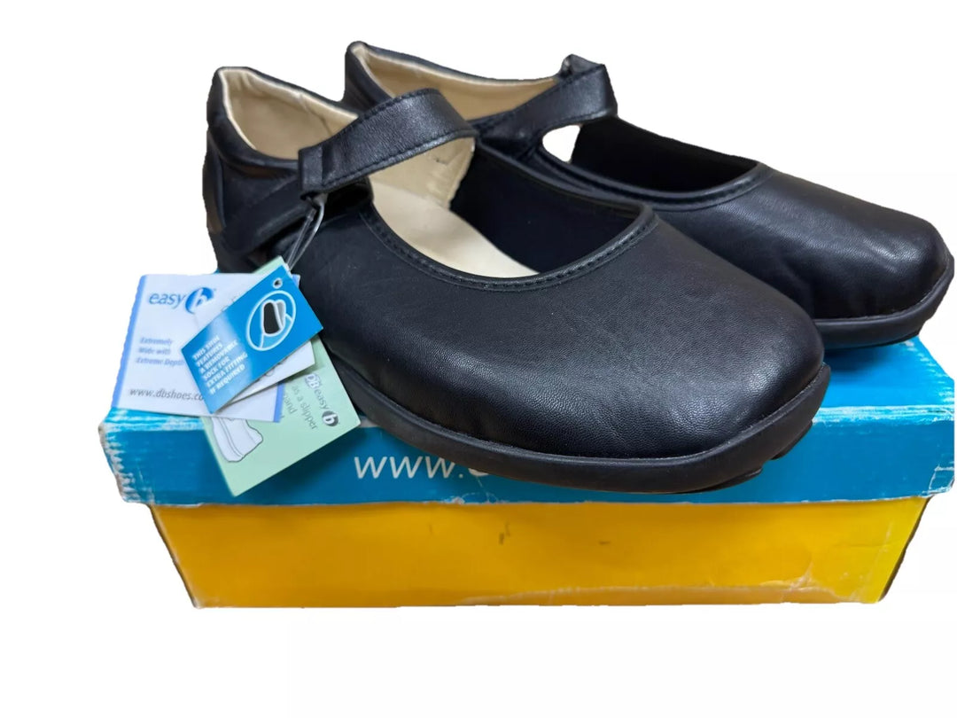 DB Easy B Arabella Ladies Black Stretch Leather 6E Super Wide Rip Tape Shoes