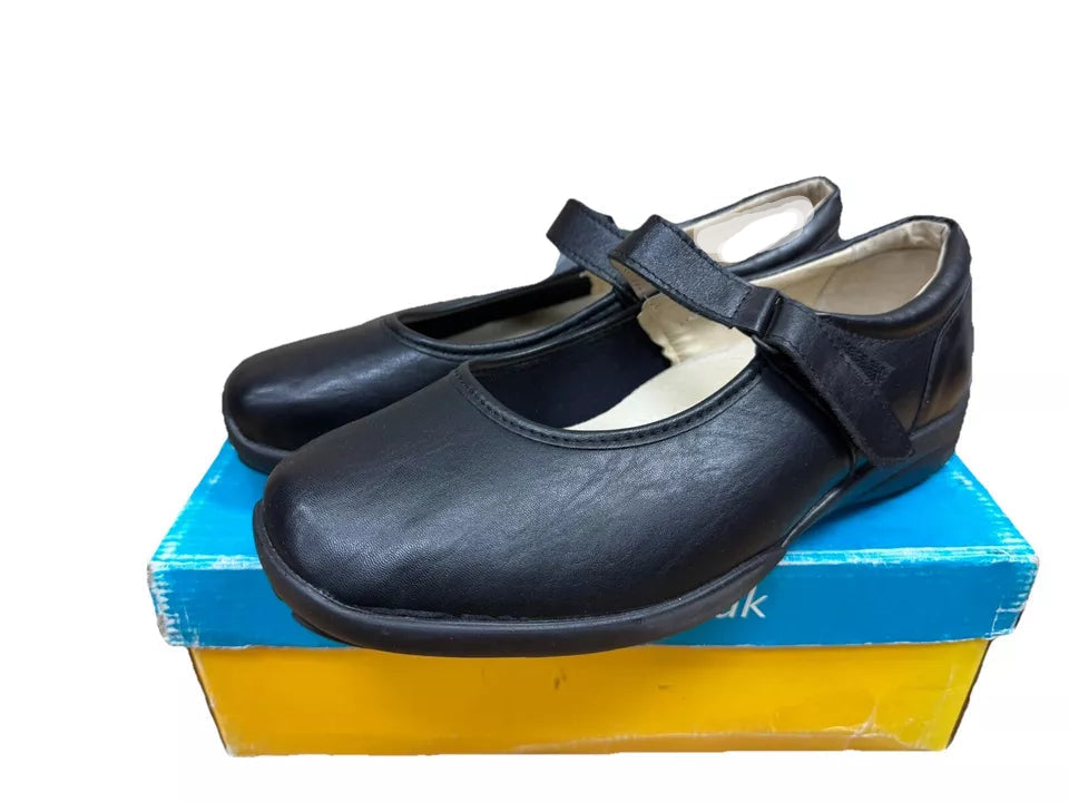 DB Easy B Arabella Ladies Black Stretch Leather 6E Super Wide Rip Tape Shoes