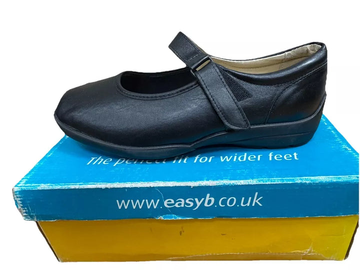 DB Easy B Arabella Ladies Black Stretch Leather 6E Super Wide Rip Tape Shoes
