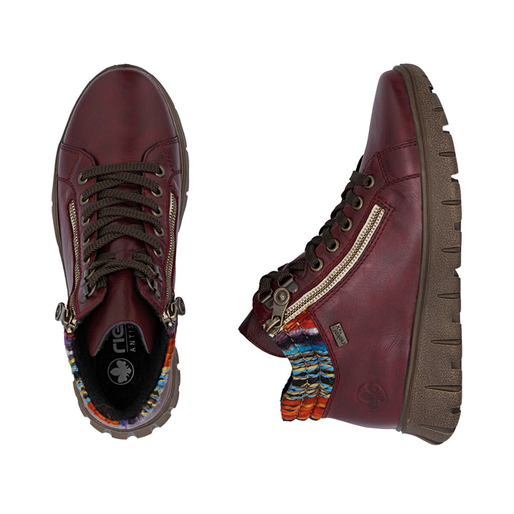 Rieker Tex Antistress N1305 Ladies Water Resistant Red Leather Extra Wide fit Lace Up Zip Fastening Boots