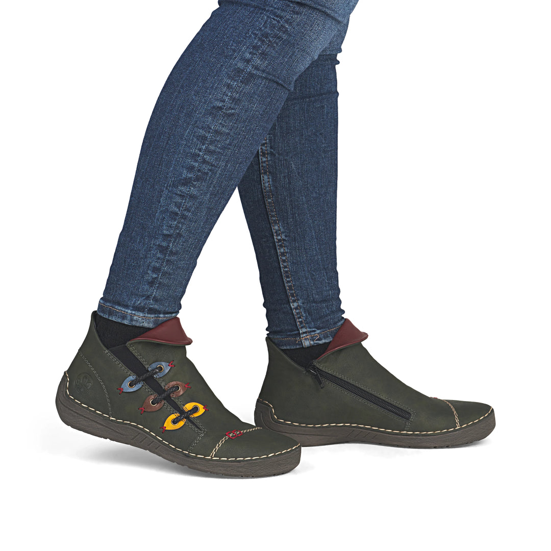 Rieker Ladies 72581  Olive Green Wide fit Zip up Walking Casual Boots with Warm Lining