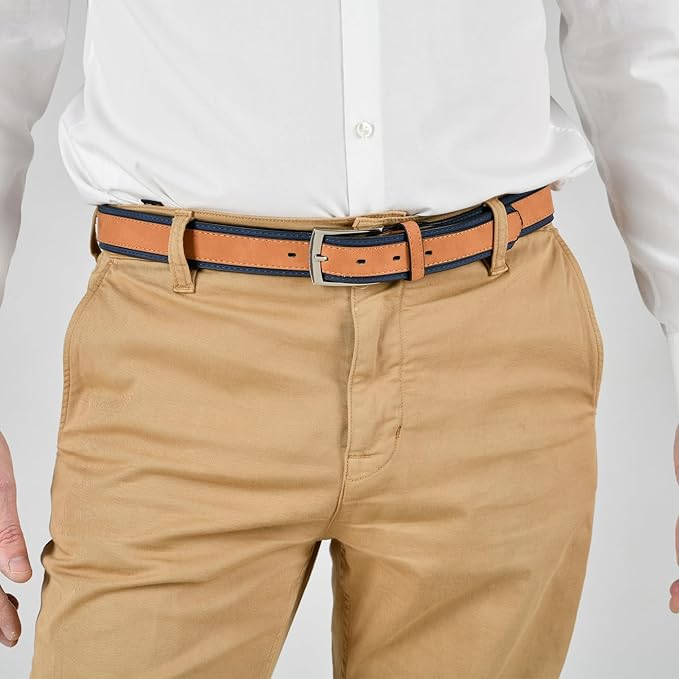 Forest Mens Two Tone Leather Belt Tan and Navy With Buckle