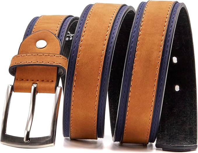 Forest Mens Two Tone Leather Belt Tan and Navy With Buckle