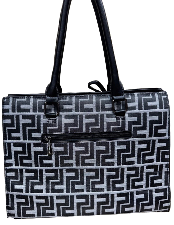 Ladies Designer Inspired Black/Grey Colour Motif Grab Handle/ Shoulder Bag With Detachable Strap (Copy)