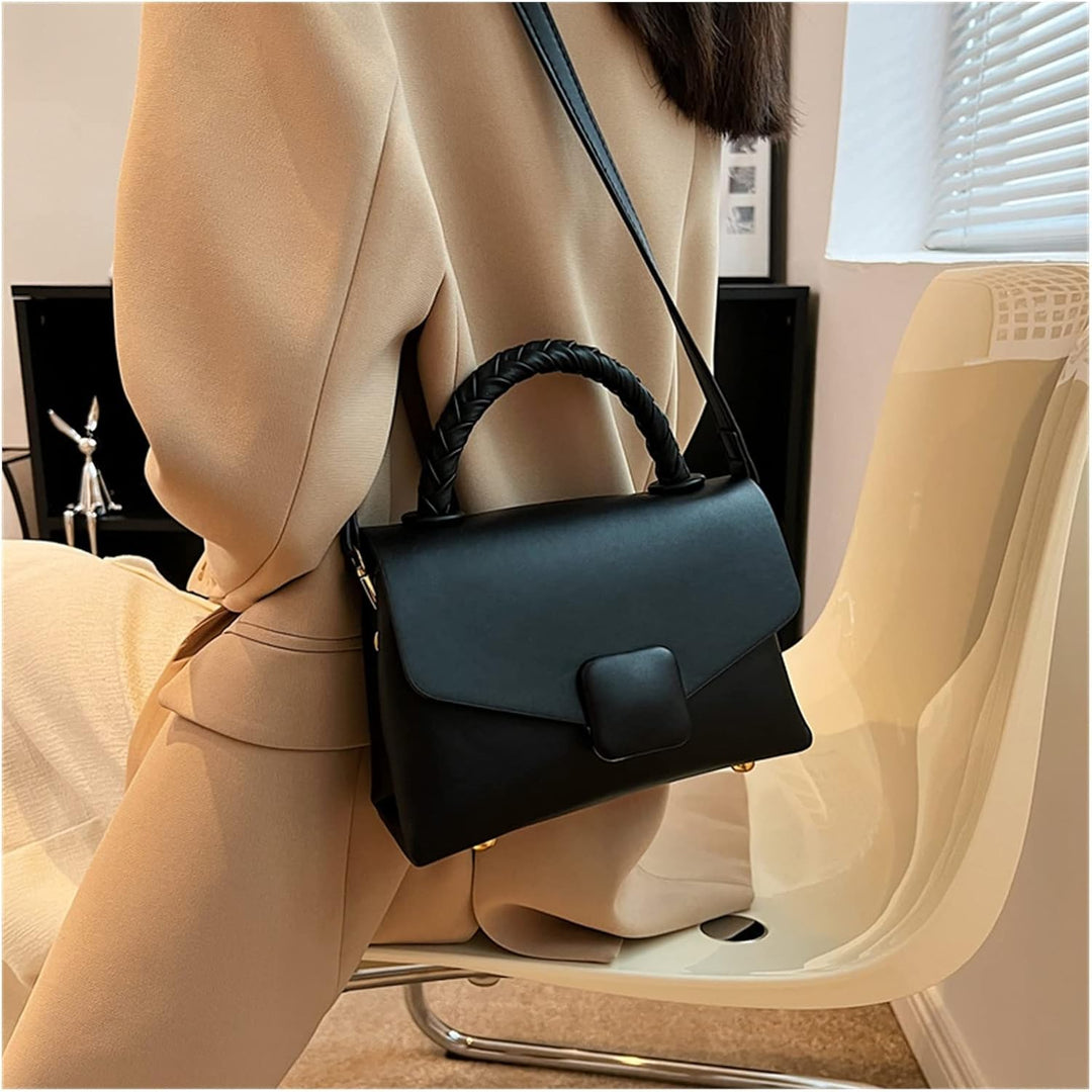 Ladies Designer Inspired Small Grab Handle Tote Handbag With Square Button Detail Detachable Strap Black