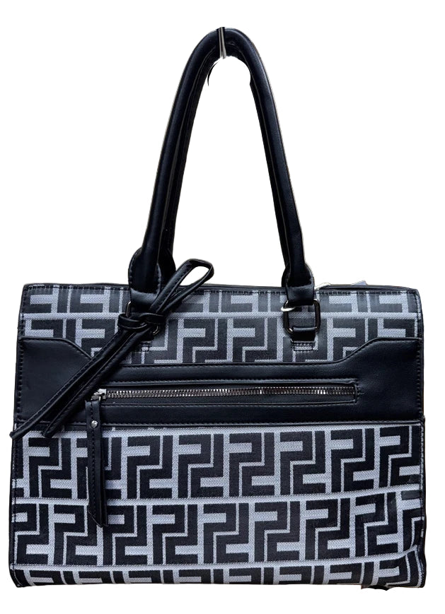 Ladies Designer Inspired Black/Grey Colour Motif Grab Handle/ Shoulder Bag With Detachable Strap (Copy)