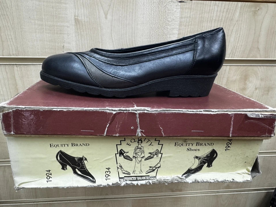 Equity Blenheim Womens EE EXTRA WIDE FIT Black Leather Flat Pumps Slip On Shoes