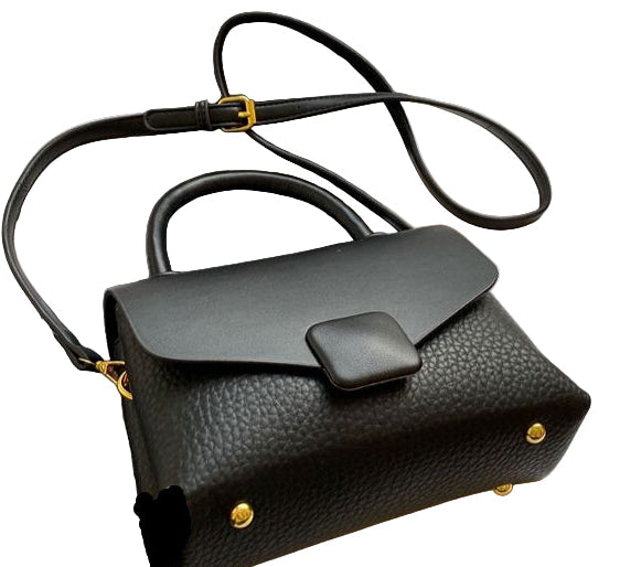 Ladies Designer Inspired Small Grab Handle Tote Handbag With Square Button Detail Detachable Strap Black