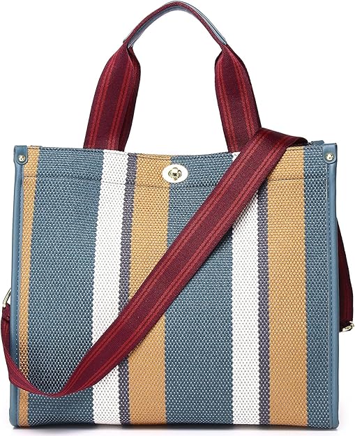 CANVAS TOTE CROSSBODY GRAB HANDLE SHOULDER BAG HANDBAG BLUE STRIPE COMBINATION