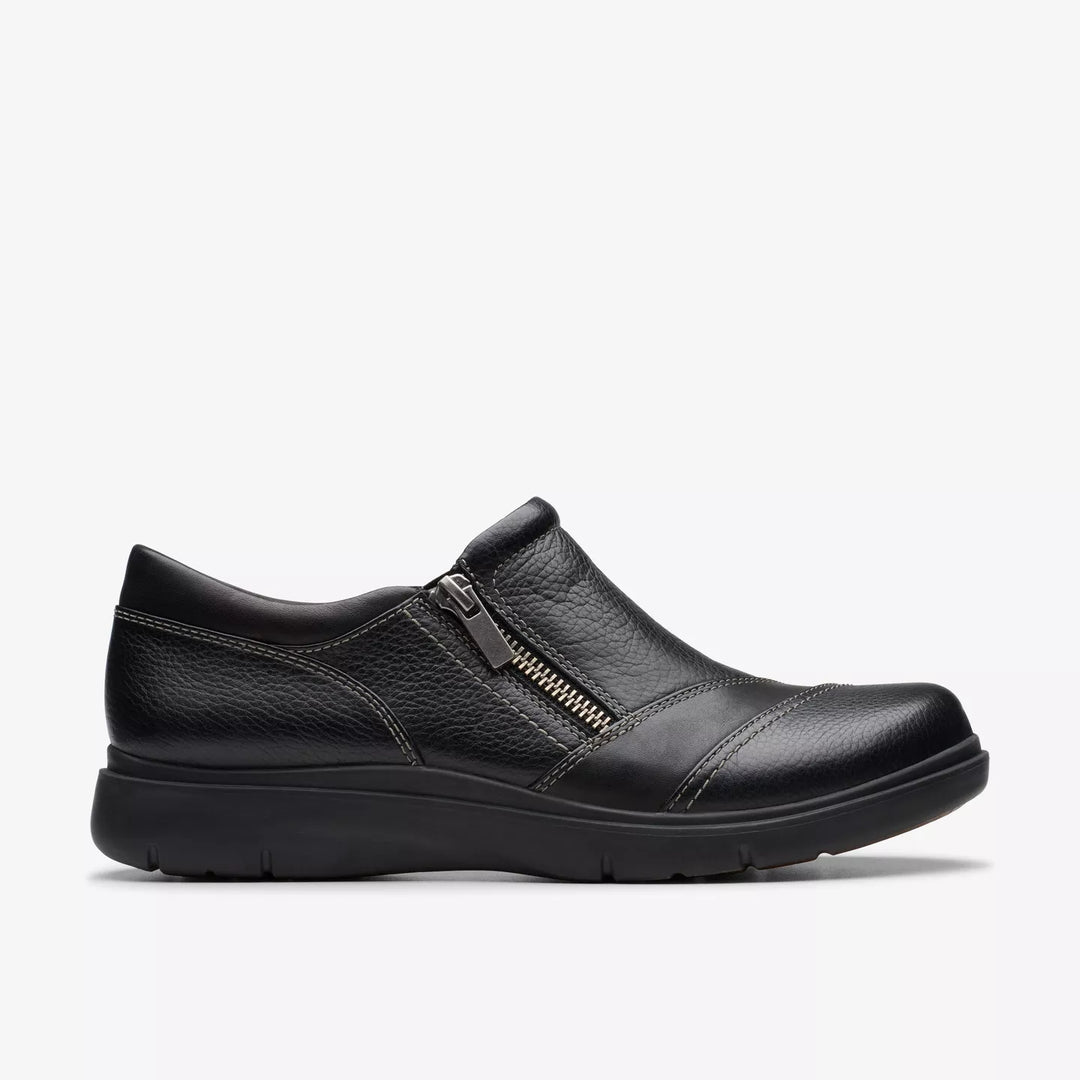 Clarks Artisan Certina Pure Ladies Wide E Fitting Black Grained Leather Walking Shoes With Zip Fastening