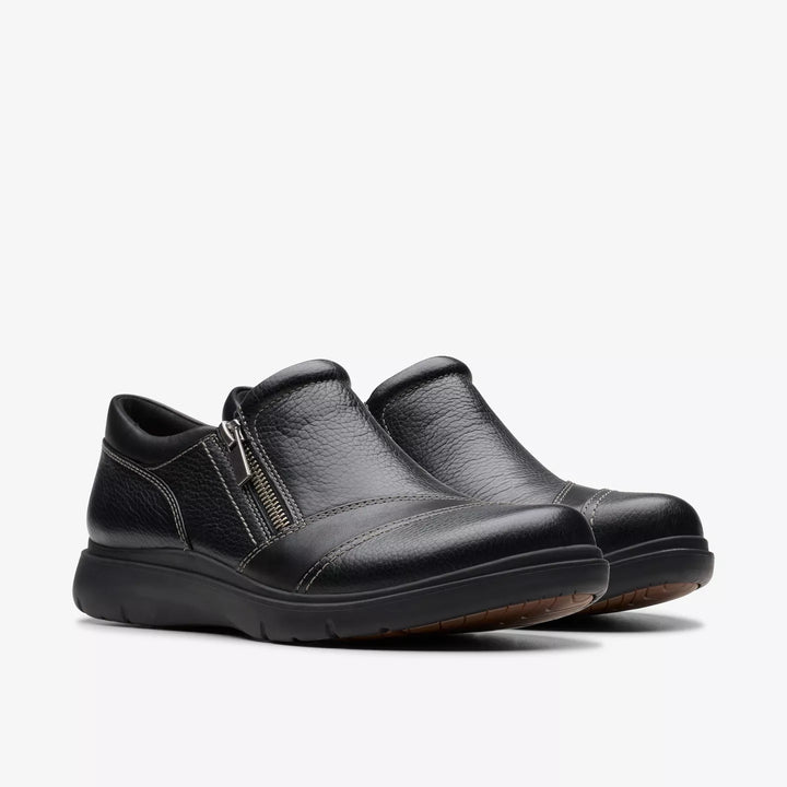 Clarks Artisan Certina Pure Ladies Wide E Fitting Black Grained Leather Walking Shoes With Zip Fastening