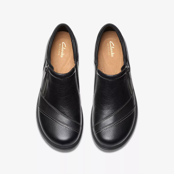 Clarks Artisan Certina Pure Ladies Wide E Fitting Black Grained Leather Walking Shoes With Zip Fastening