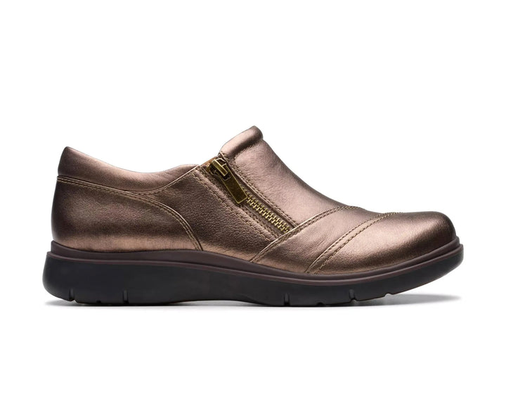 Clarks Artisan Certina Pure Ladies Standard D Fitting Antique Bronze Grained Leather Walking Shoes With Zip Fastening