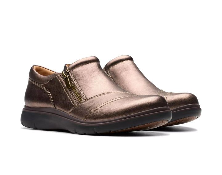 Clarks Artisan Certina Pure Ladies Standard D Fitting Antique Bronze Grained Leather Walking Shoes With Zip Fastening