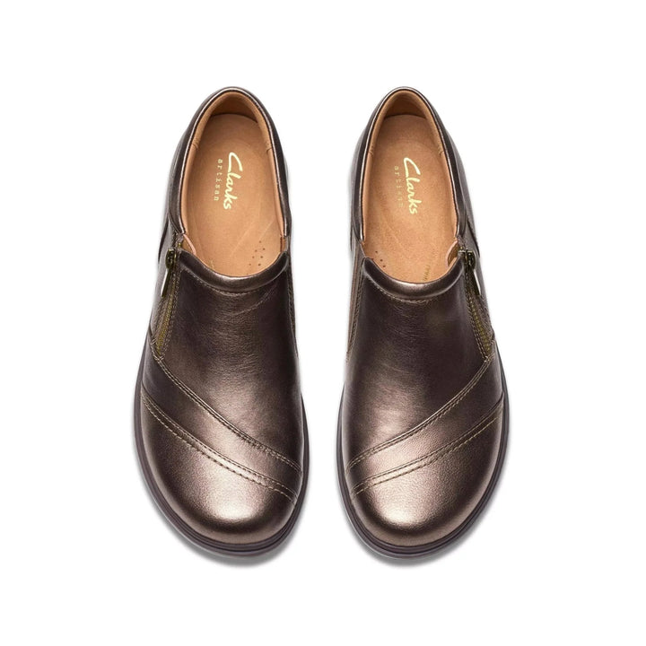 Clarks Artisan Certina Pure Ladies Standard D Fitting Antique Bronze Grained Leather Walking Shoes With Zip Fastening