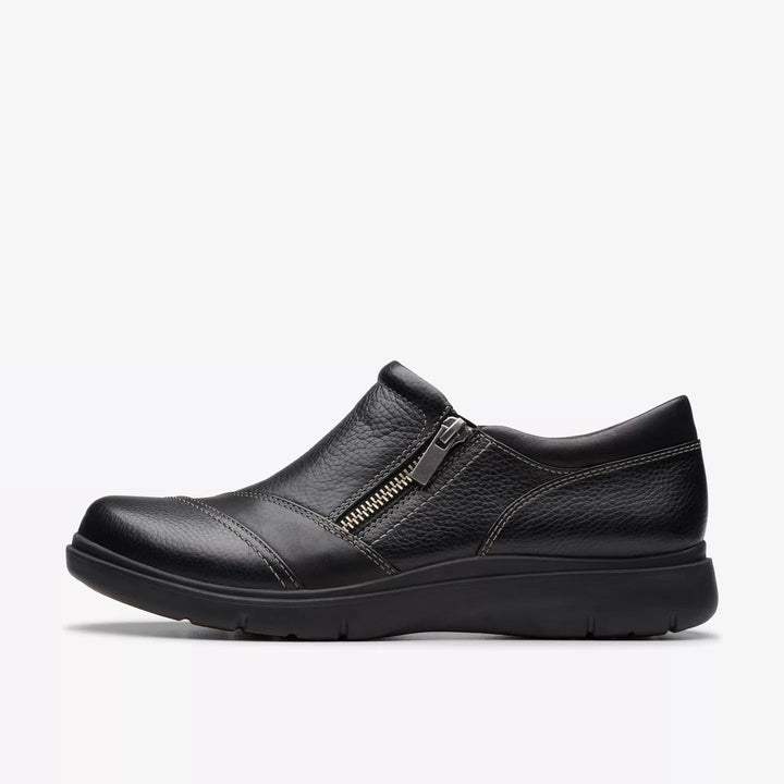 Clarks Artisan Certina Pure Ladies Wide E Fitting Black Grained Leather Walking Shoes With Zip Fastening