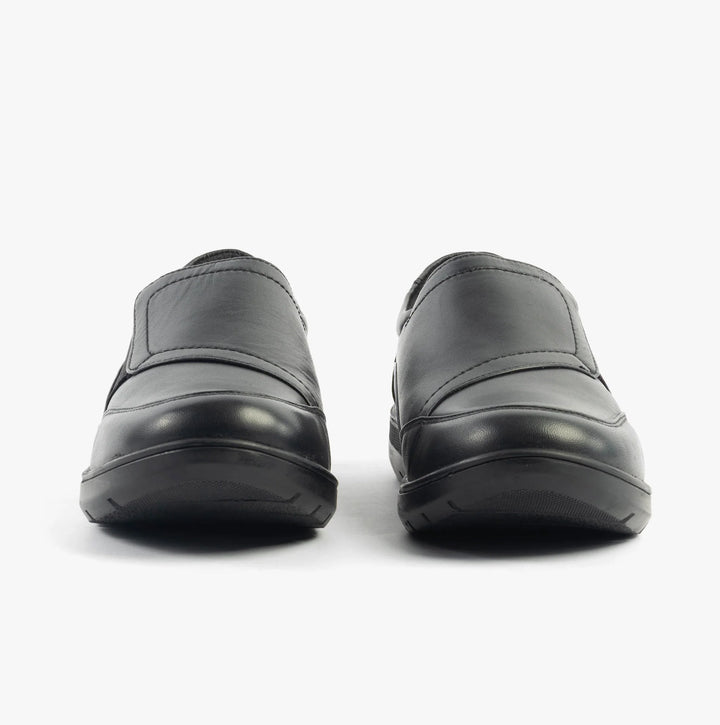 Dr Keller Chloe Wide E Fit Ladies Leather Duty/Nurse Slip On Shoes With Elasticated Gusset Black