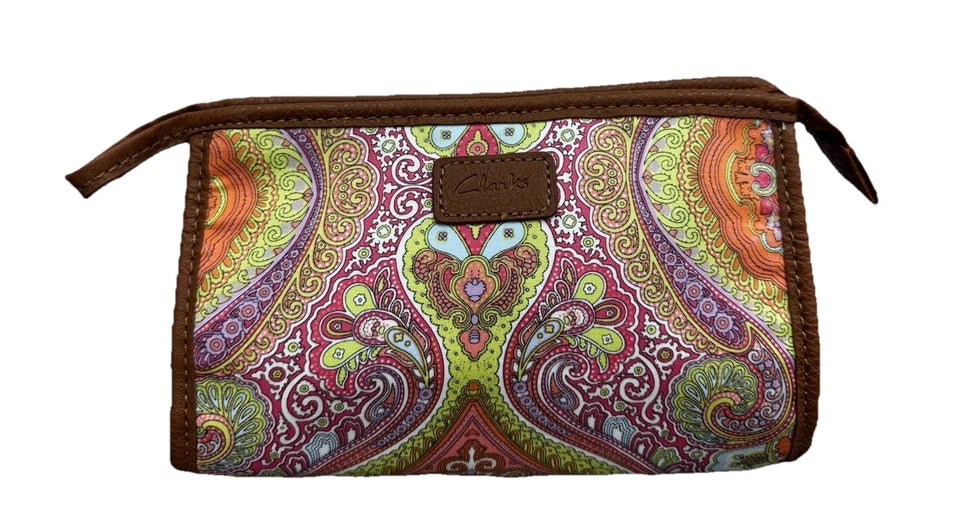 Clarks Small Fabric Make Up Bag Multicoloured Paisley Pattern Zip Fasten Washable