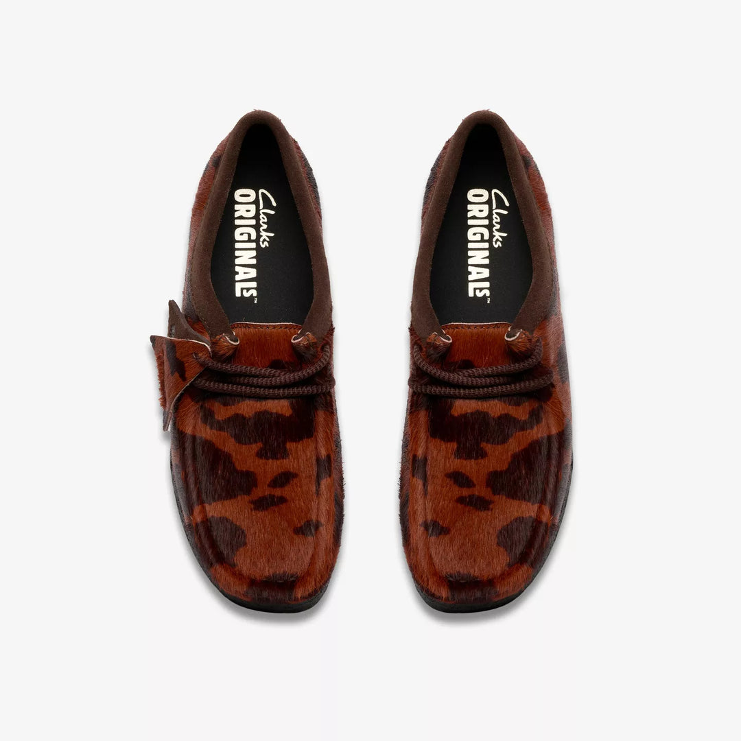 Clarks Originals Mens Cow Print Coffee Colour Wallabee Lace Up Shoes Crepe Soles