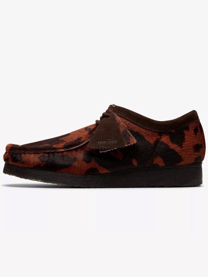 Clarks Originals Mens Cow Print Coffee Colour Wallabee Lace Up Shoes Crepe Soles