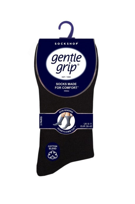 Sockshop Gentle Grip Mens 3 Pack Black Diabetic Socks Non Binding, Honeycomb Top With Smooth Seams