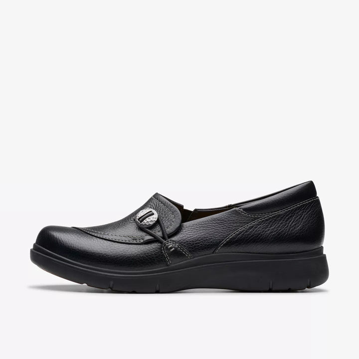 Clarks Artisan Certina Ease Ladies Wide E Fitting Black Grained Leather Slip On Walking Shoes