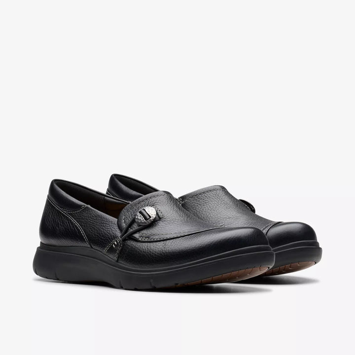 Clarks Artisan Certina Ease Ladies Wide E Fitting Black Grained Leather Slip On Walking Shoes