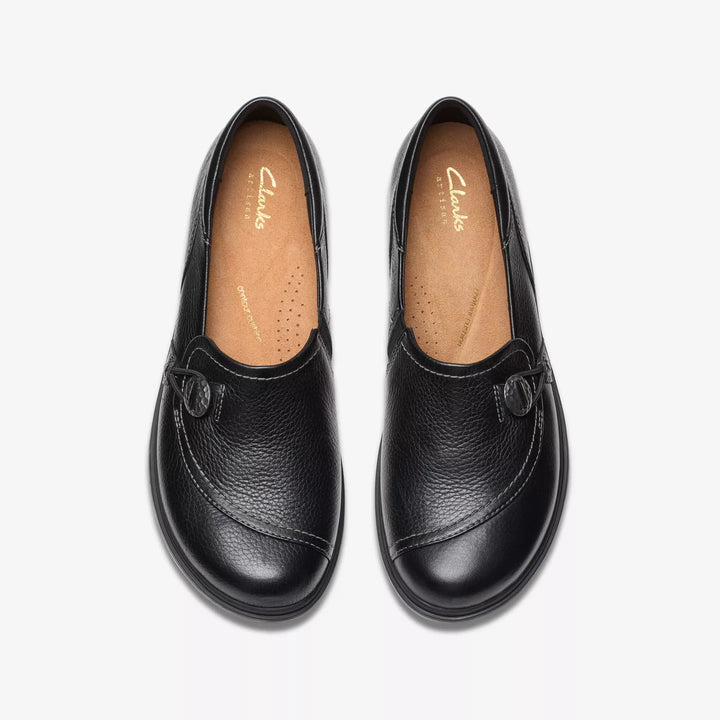 Clarks Artisan Certina Ease Ladies Wide E Fitting Black Grained Leather Slip On Walking Shoes