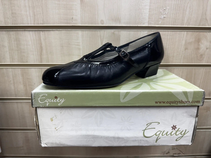 Equity Evelyn Vintage Ladies Wide E Fit  Black Leather T Bar Buckle Fasten Low Heel Dress Shoes