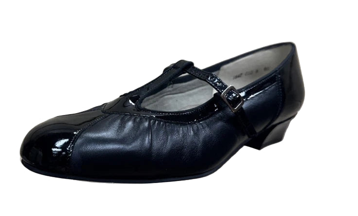 Equity Evelyn Vintage Ladies Wide E Fit  Black Leather T Bar Buckle Fasten Low Heel Dress Shoes