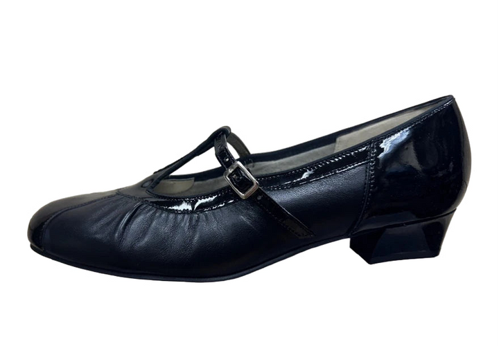 Equity Evelyn Vintage Ladies Wide E Fit  Black Leather T Bar Buckle Fasten Low Heel Dress Shoes