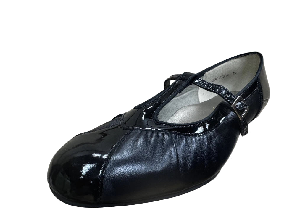 Equity Evelyn Vintage Ladies Wide E Fit  Black Leather T Bar Buckle Fasten Low Heel Dress Shoes