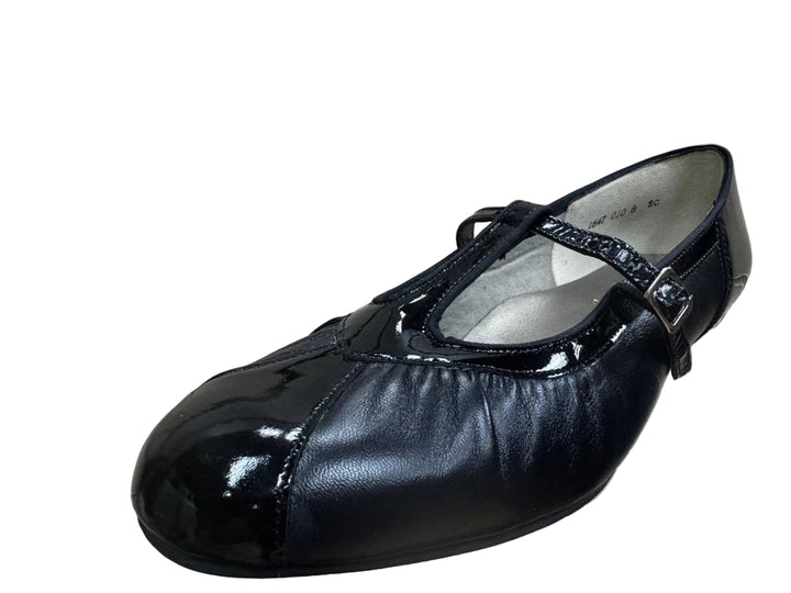 Equity Evelyn Vintage Ladies Wide E Fit  Black Leather T Bar Buckle Fasten Low Heel Dress Shoes