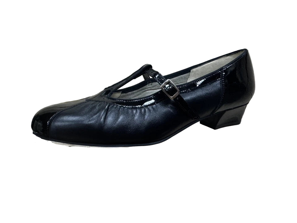 Equity Evelyn Vintage Ladies Wide E Fit  Black Leather T Bar Buckle Fasten Low Heel Dress Shoes