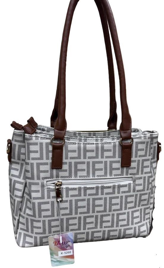 Ladies Designer Inspired Beige Colour Motif Faux Leather Grab Handle/ Shoulder Bag With Detachable Strap