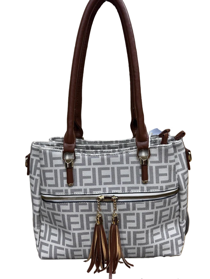 Ladies Designer Inspired Beige Colour Motif Faux Leather Grab Handle/ Shoulder Bag With Detachable Strap