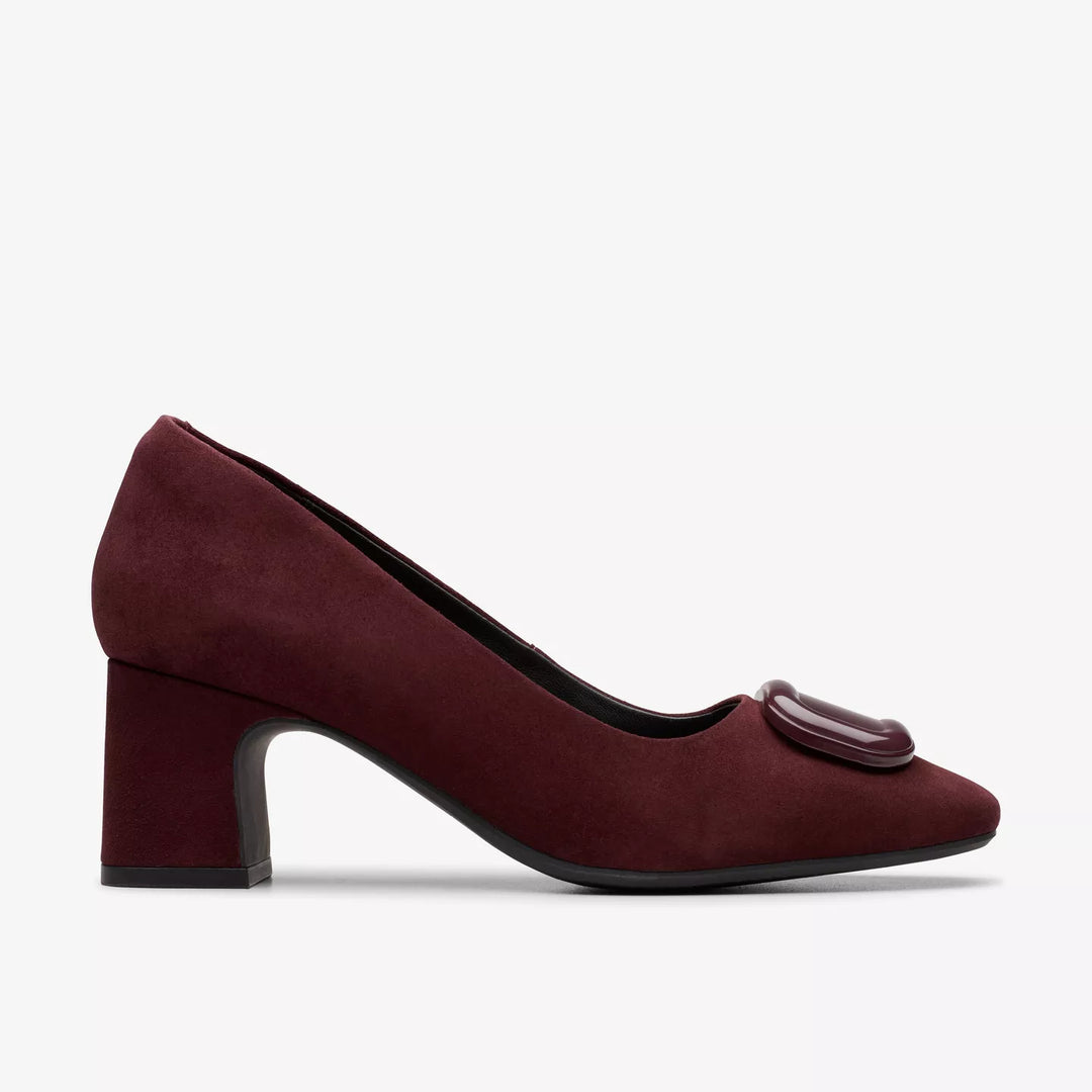 Clarks Signature Fernie Trim Ladies Merlot Suede Leather Square Toe Block Heel Court Shoes