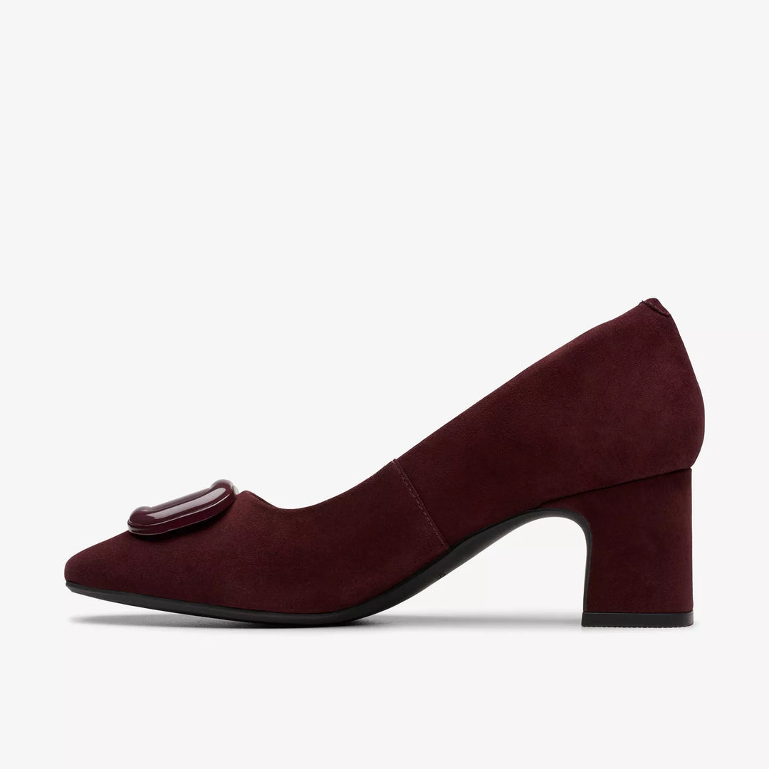 Clarks Signature Fernie Trim Ladies Merlot Suede Leather Square Toe Block Heel Court Shoes