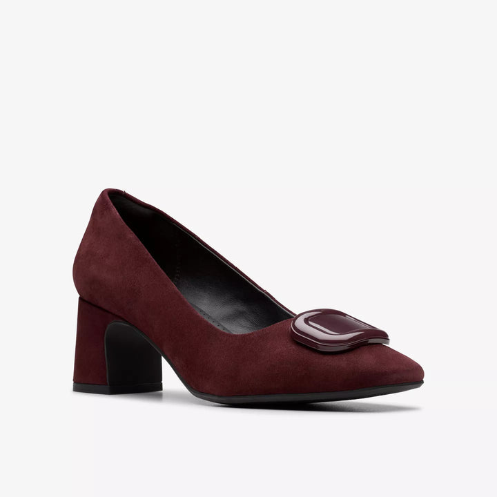 Clarks Signature Fernie Trim Ladies Merlot Suede Leather Square Toe Block Heel Court Shoes