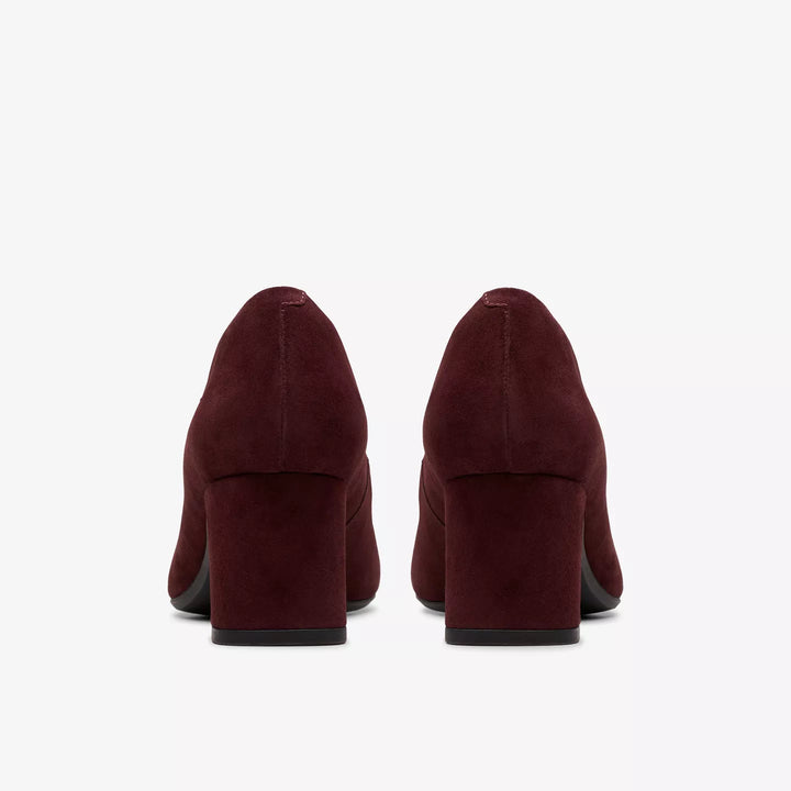 Clarks Signature Fernie Trim Ladies Merlot Suede Leather Square Toe Block Heel Court Shoes