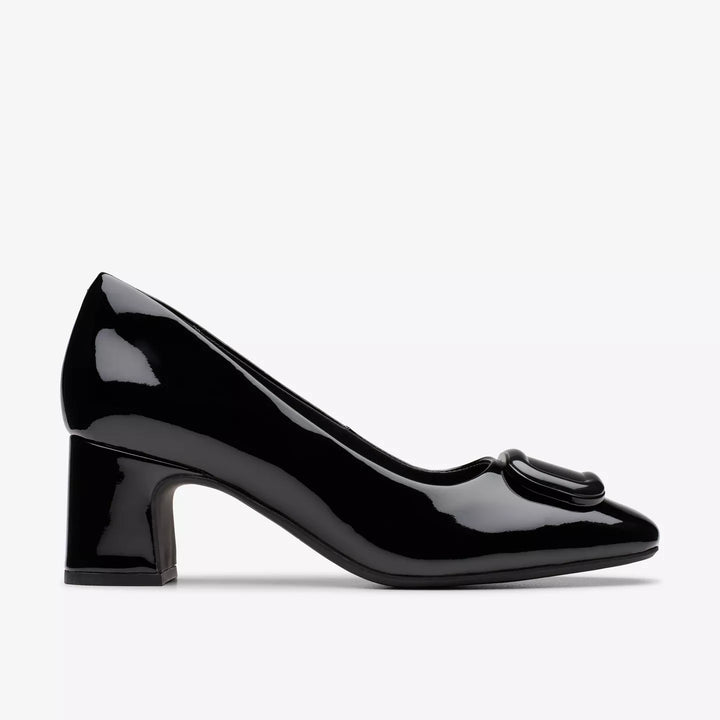 Clarks Signature Fernie Trim Ladies Black Patent Leather Square Toe Block Heel Court Shoes