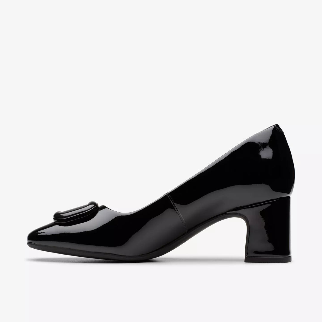 Clarks Signature Fernie Trim Ladies Black Patent Leather Square Toe Block Heel Court Shoes